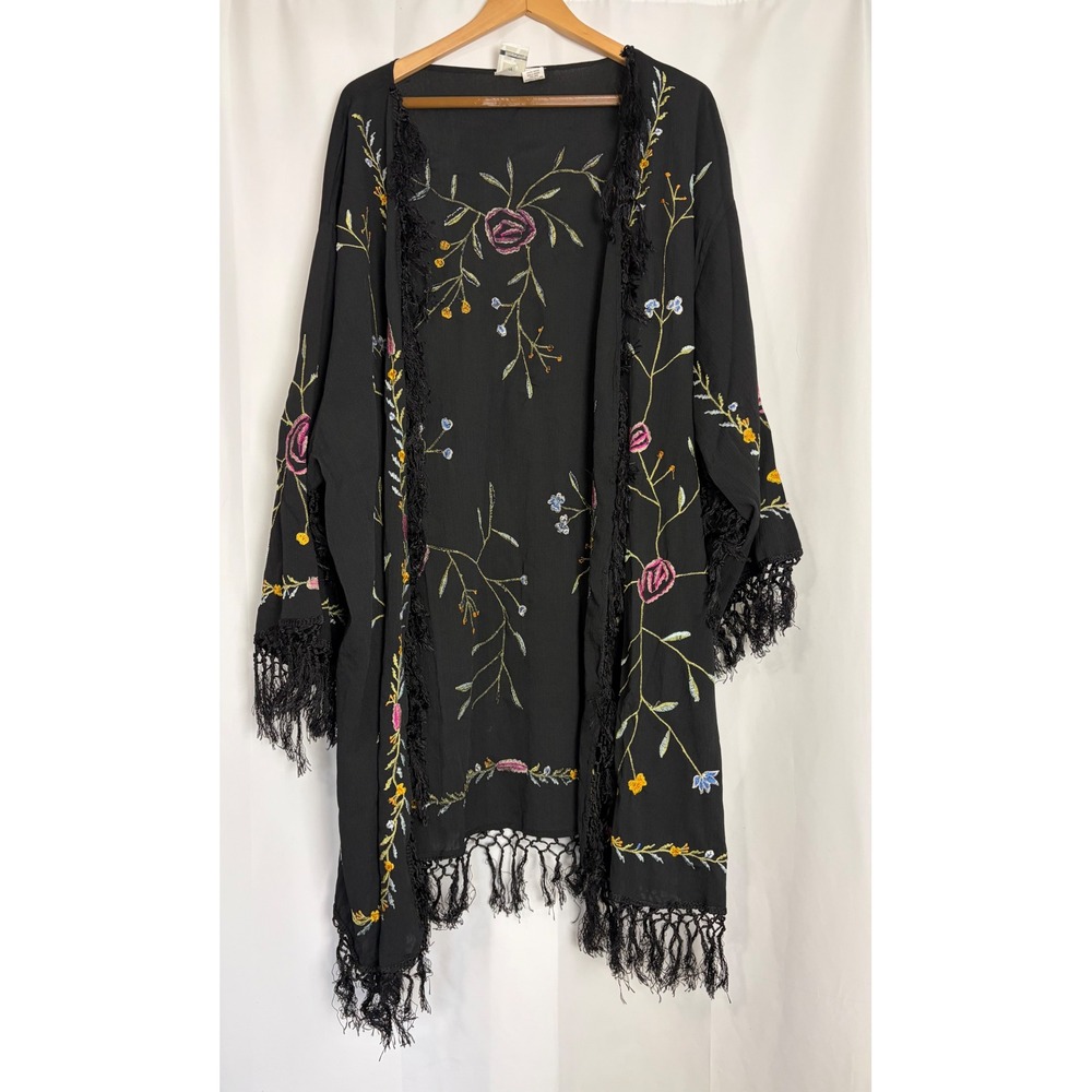 Black Boho Whimsigoth Floral Layering Embroidered Fringe Kimono Cardigan 36W